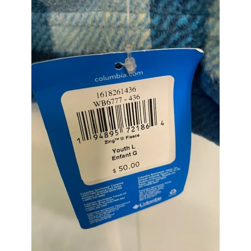 Columbia Youth Boys/Girls L Zing III‎ Full Zip Fleece Jacket Buffalo Plaid Blue